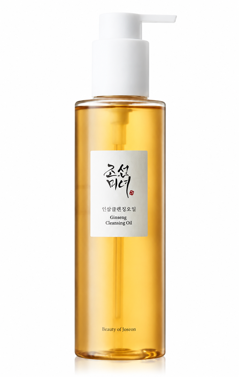 Beauty of Joseon Ginseng Cleansing Oil 210ml on a pure white background, featuring a lightweight cleansing oil enriched with soybean oil and ginseng seed oil that effortlessly dissolves makeup, sunscreen and excess sebum while deeply cleansing pores, nourishing the skin and leaving the complexion soft, hydrated and refreshed without a greasy residue.