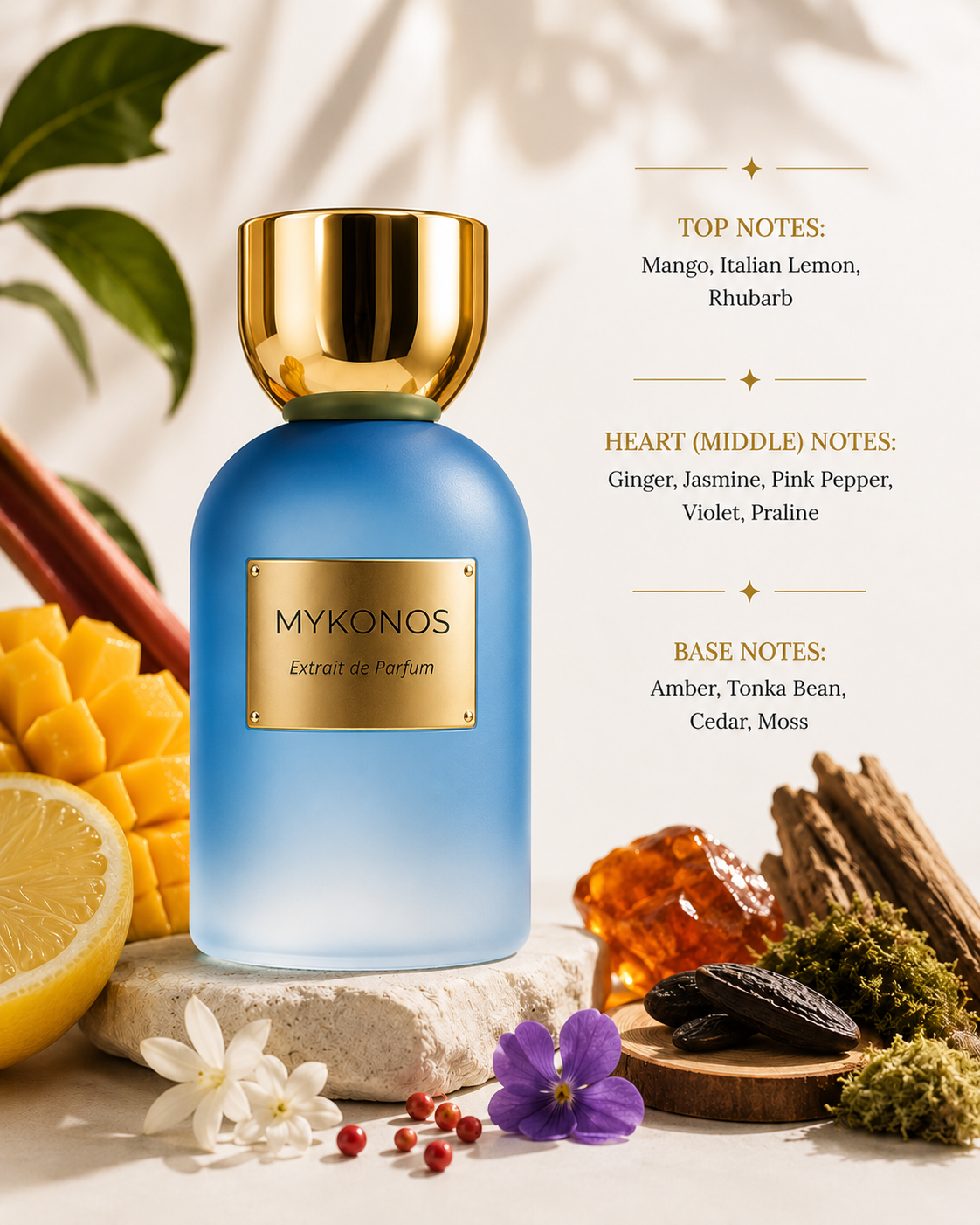 Mykonos Inception Extrait de Parfum surrounded by mango, Italian lemon, rhubarb, ginger, jasmine, pink pepper, violet, tonka bean, cedarwood and amber, showcasing its fresh fruity, spicy and warm woody fragrance profile.