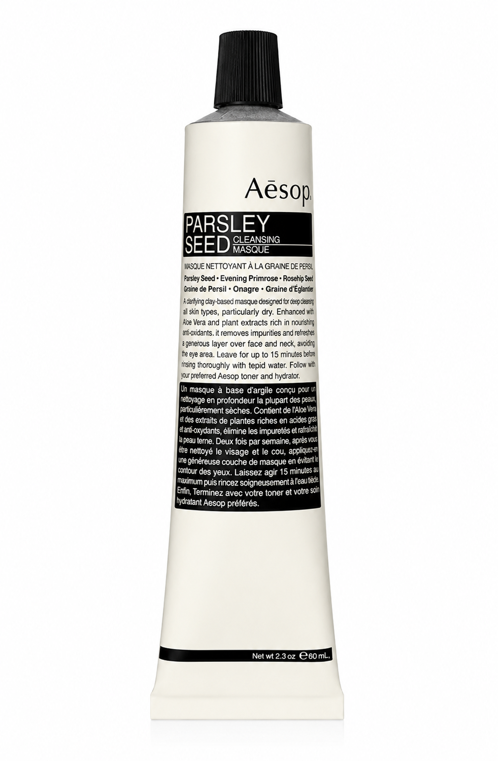 Aesop Parsley Seed Cleansing Masque in a white tube with a black cap and Aesop's signature minimalist label, isolated on a white background. This clay-based facial mask is formulated with parsley seed, evening primrose, rosehip seed, and aloe vera to deeply cleanse pores, remove impurities, absorb excess oil, and deliver antioxidant nourishment, leaving skin refreshed, balanced, and smooth.