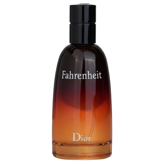 An iconic slender glass bottle of Dior Fahrenheit Eau de Toilette featuring a dramatic sunset-inspired color gradient transitioning from deep black at the top to fiery red, vibrant orange, and amber at the base.