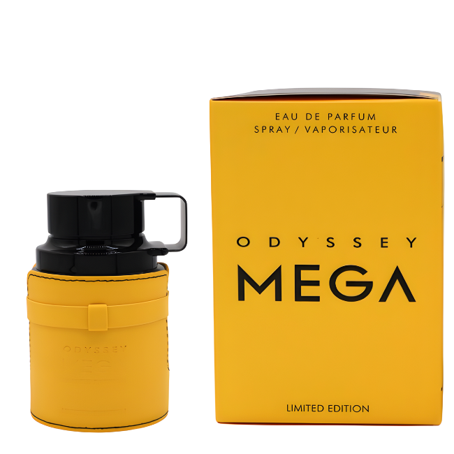 Odyssey Mega Eau de Parfum spray bottle with yellow cover and packaging on a white background