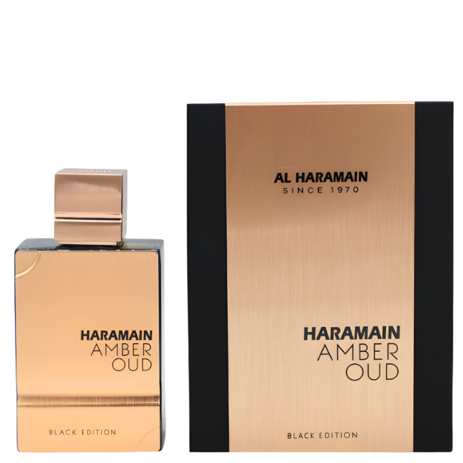Haramain Amber Oud perfume bottle and packaging on a white background