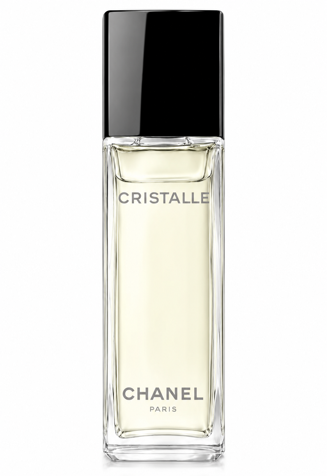 Chanel Cristalle Eau de Toilette for women in a sleek, tall rectangular transparent glass bottle filled with pale golden perfume, featuring a glossy black cap and elegant Cristalle Chanel Paris lettering. A timeless luxury fragrance against a clean white background.