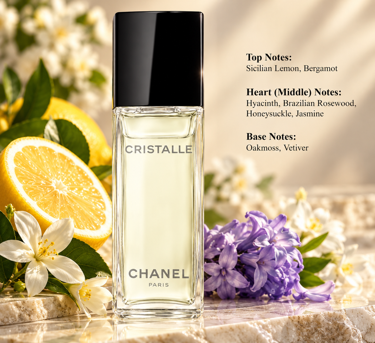 Chanel Cristalle Eau de Toilette for women, elegantly displayed with Sicilian lemons, bergamot, white jasmine, honeysuckle and purple hyacinth flowers. A fresh, sophisticated citrus floral green perfume with woody notes of vetiver and oakmoss, set against a warm beige background.