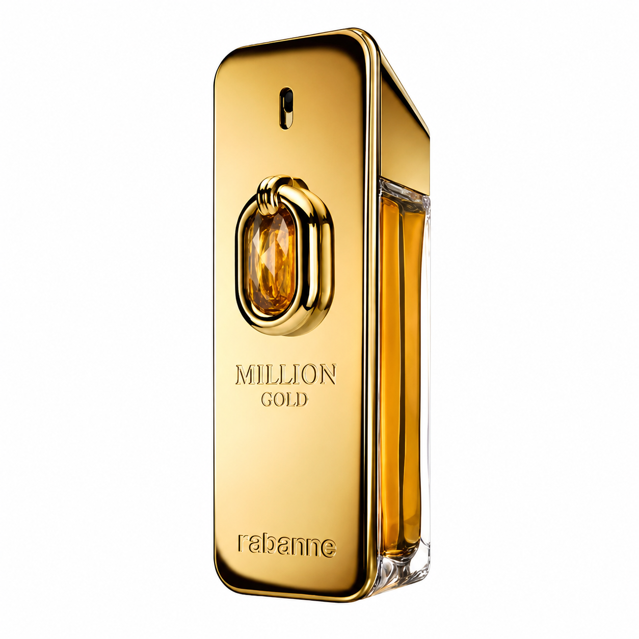 Paco Rabanne Million Gold Eau de Toilette bottle, featuring a metallic gold rectangular design with a gold ring emblem and amber-colored liquid inside a clear glass container, set against a plain white background.