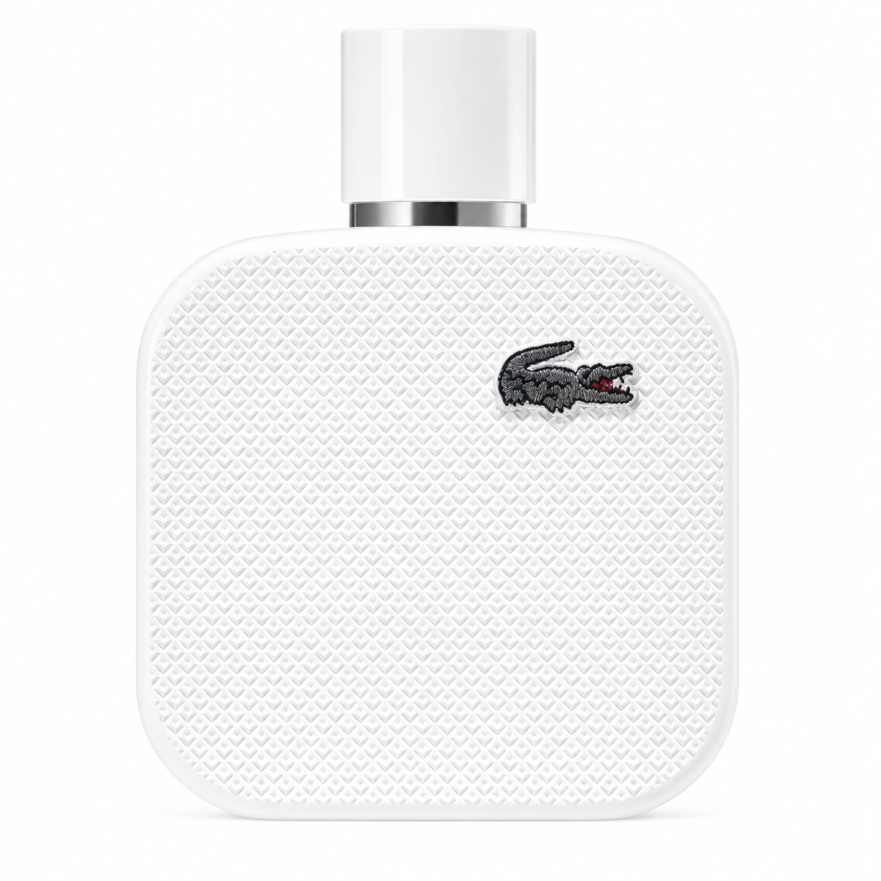 Lacoste L.12.12 Blanc Eau de Toilette bottle featuring its iconic matte white textured finish and embroidered crocodile logo, isolated on a clean white background.