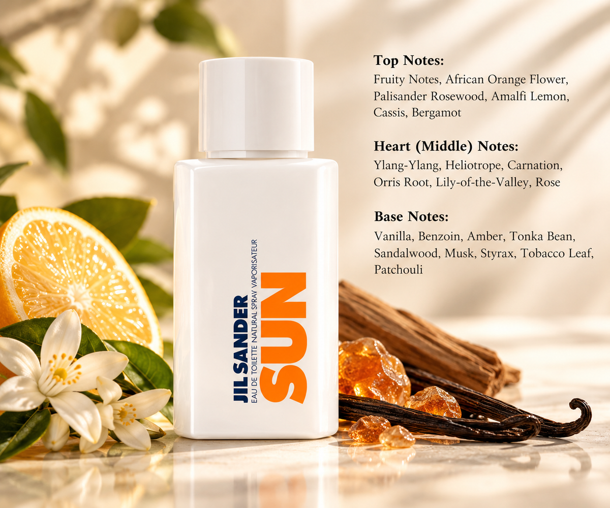 Jil Sander Sun Eau de Toilette for women in its iconic white bottle with orange SUN lettering, surrounded by fresh lemon, delicate white flowers, warm amber resin, sandalwood and vanilla pods. A radiant floral oriental summer perfume presented in a luxurious, sunlit beige setting.
