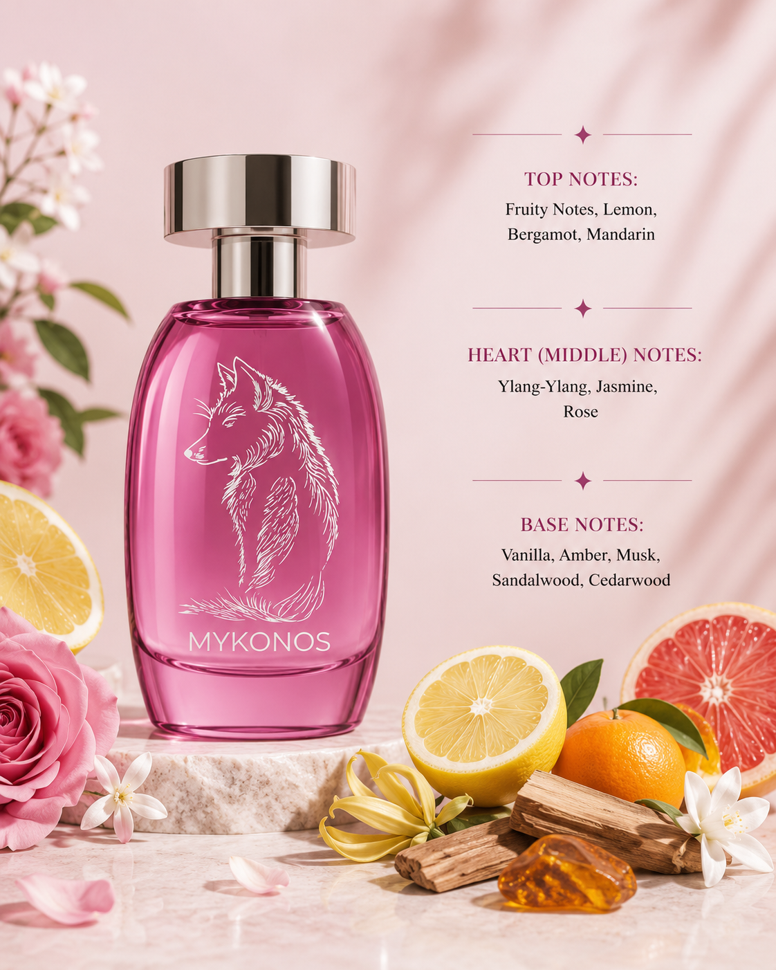 Mykonos Silent Whisper Eau de Parfum displayed among fresh lemon, bergamot, mandarin, grapefruit, ylang-ylang, jasmine blossoms, pink rose, sandalwood, cedarwood, amber resin and soft vanilla, creating a refined composition that reflects its radiant citrus opening, elegant floral heart and warm woody-vanilla finish.