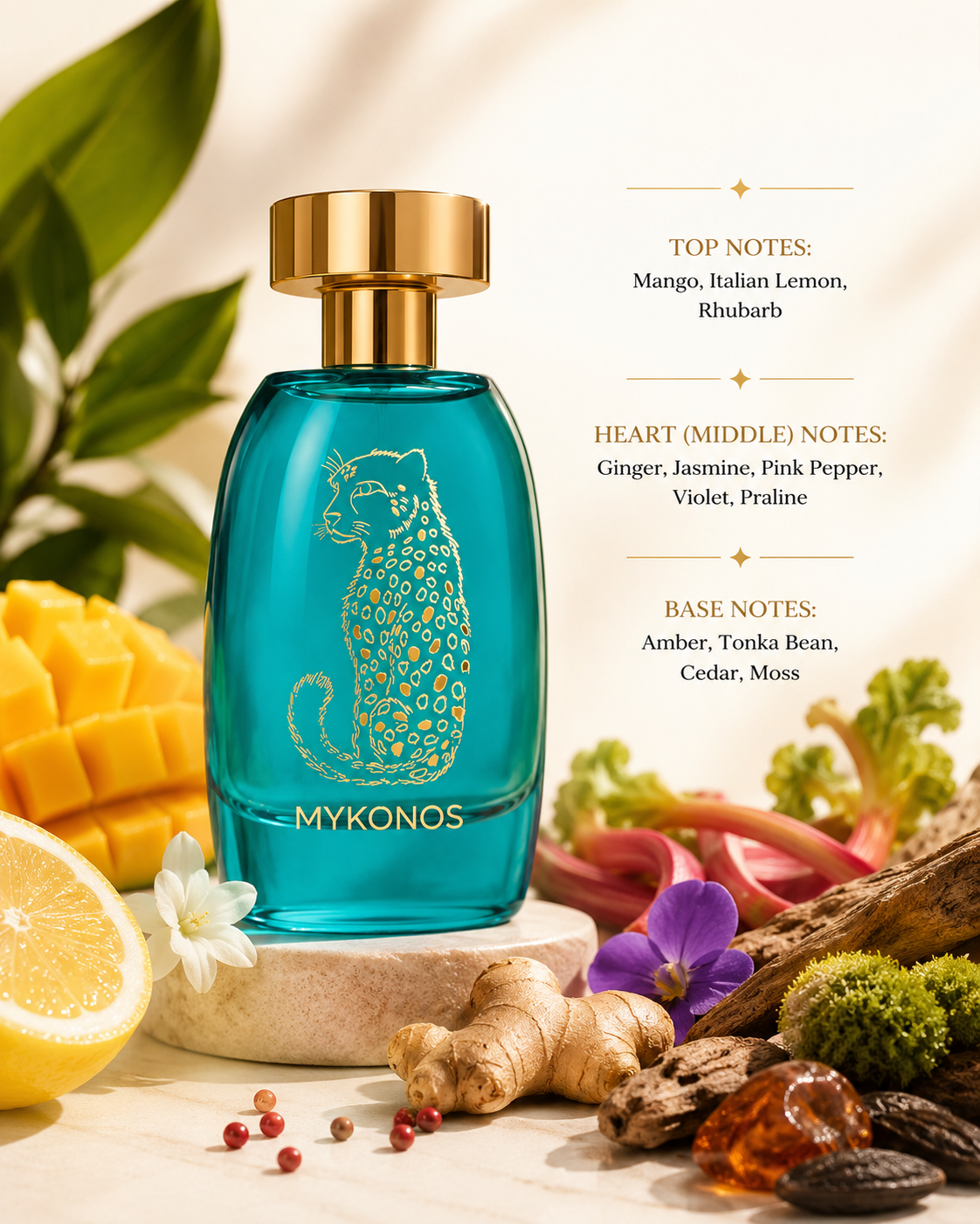 Mykonos Dreamscape 100ml Eau de Parfum displayed with mango, Italian lemon, rhubarb, ginger, jasmine, pink pepper, violet, tonka bean, cedarwood and amber, highlighting its fresh fruity, spicy and woody fragrance profile.