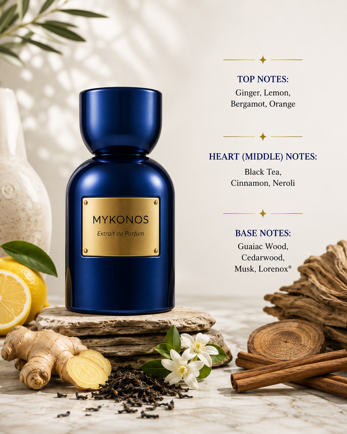 Mykonos Inception Extrait de Parfum displayed with fresh ginger, lemon, bergamot, orange, black tea, cinnamon, neroli, cedarwood and guaiac wood, highlighting its vibrant citrus, spicy and refined woody fragrance profile.
