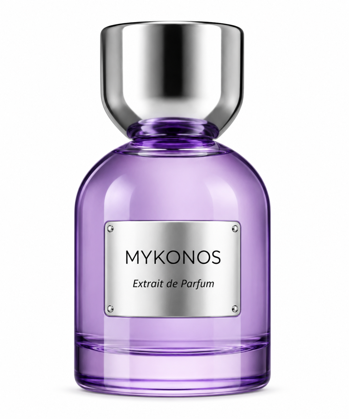 Mykonos Reflection Elixir Extrait de Parfum in an elegant translucent lavender glass bottle with a polished silver cap and metallic silver label, isolated on a clean white background.