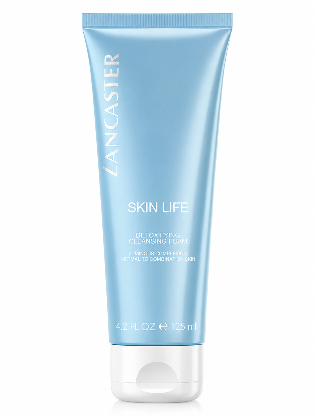 Lancaster Skin Life Detoxifying Cleansing Foam presented in a sleek matte sky-blue squeeze tube with a translucent white flip-top cap and minimalist white typography. Displayed upright on a pure white background with professional studio lighting, soft natural shadows, subtle reflections, and ultra-sharp detail that emphasizes the smooth matte finish, clean packaging design, and fresh skincare aesthetic.