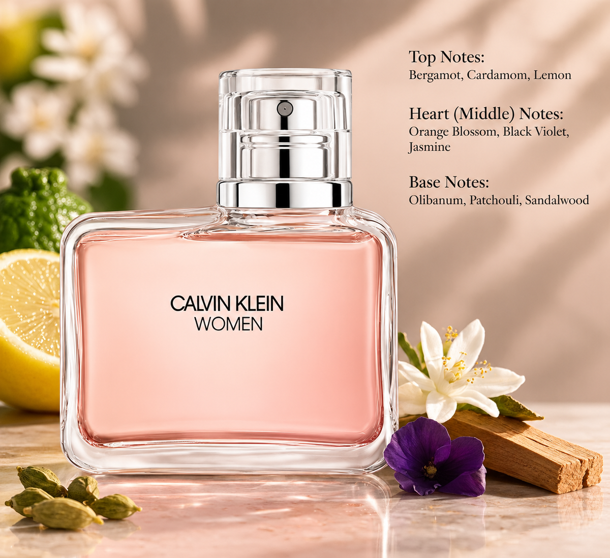 Calvin Klein Women Eau de Parfum in a soft pink glass bottle, surrounded by fresh lemon, bergamot, cardamom, orange blossoms, violet flowers and sandalwood. An elegant floral woody fragrance with jasmine, patchouli and olibanum, presented in a warm, sophisticated setting.