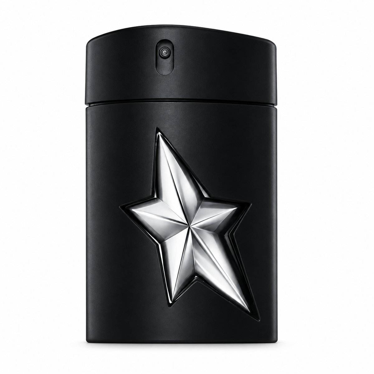 Mugler A*Men Fantasm Eau de Parfum for men in its sleek matte black rectangular bottle, featuring a prominent metallic silver star and integrated spray nozzle, photographed against a clean white background.