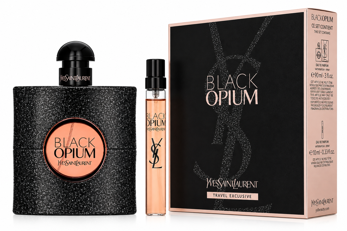 Yves Saint Laurent Black Opium Gift Set for Women featuring the iconic Black Opium Eau de Parfum in its glittering black bottle with warm rose-gold centre, accompanied by a convenient travel spray and presented with the elegant matching black and rose-gold Yves Saint Laurent gift box.