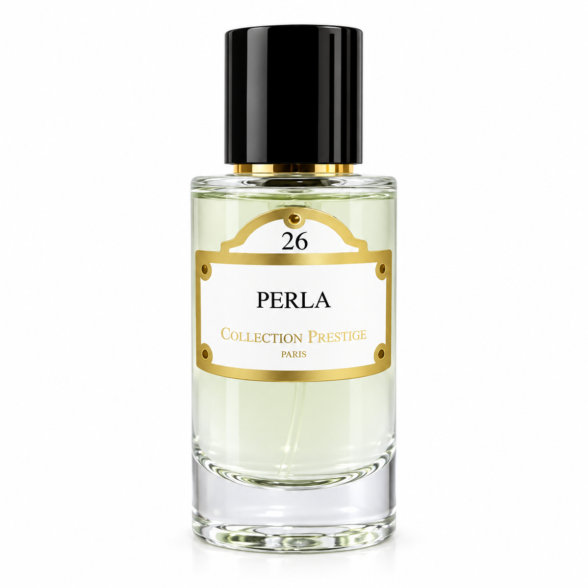 Collection Prestige Perla No.26 50ml Extrait de Parfum presented in an elegant cylindrical glass bottle with a delicate pale green fragrance, glossy black cap, polished gold detailing and a refined white-and-gold label, photographed against a pure white background.