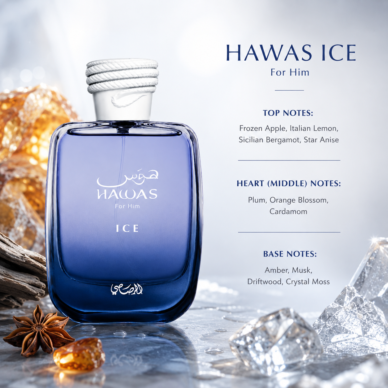 A blue glass fragrance bottle labeled HAWAS ICE For him, shown on a reflective icy surface with decorative amber pieces and text listing the scent notes on the right.
