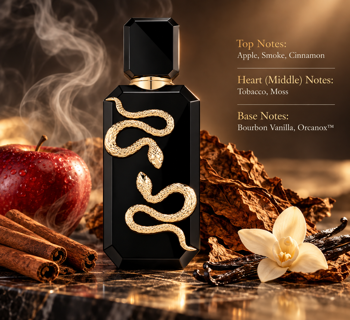 Black and gold perfume presented with red apple, cinnamon, smoky tobacco and warm vanilla, reflecting its rich moss, Bourbon vanilla and Orcanox scent profile in a dark elegant composition.