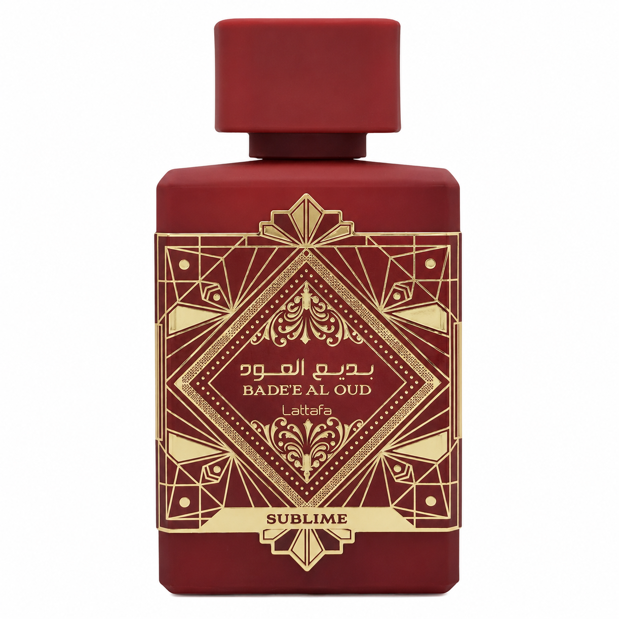 Lattafa Bade'e Al Oud Sublime Eau de Parfum in a luxurious deep red bottle with intricate gold detailing, presented on a clean white background. A sophisticated oriental fragrance showcased in a premium high-resolution studio product image.
