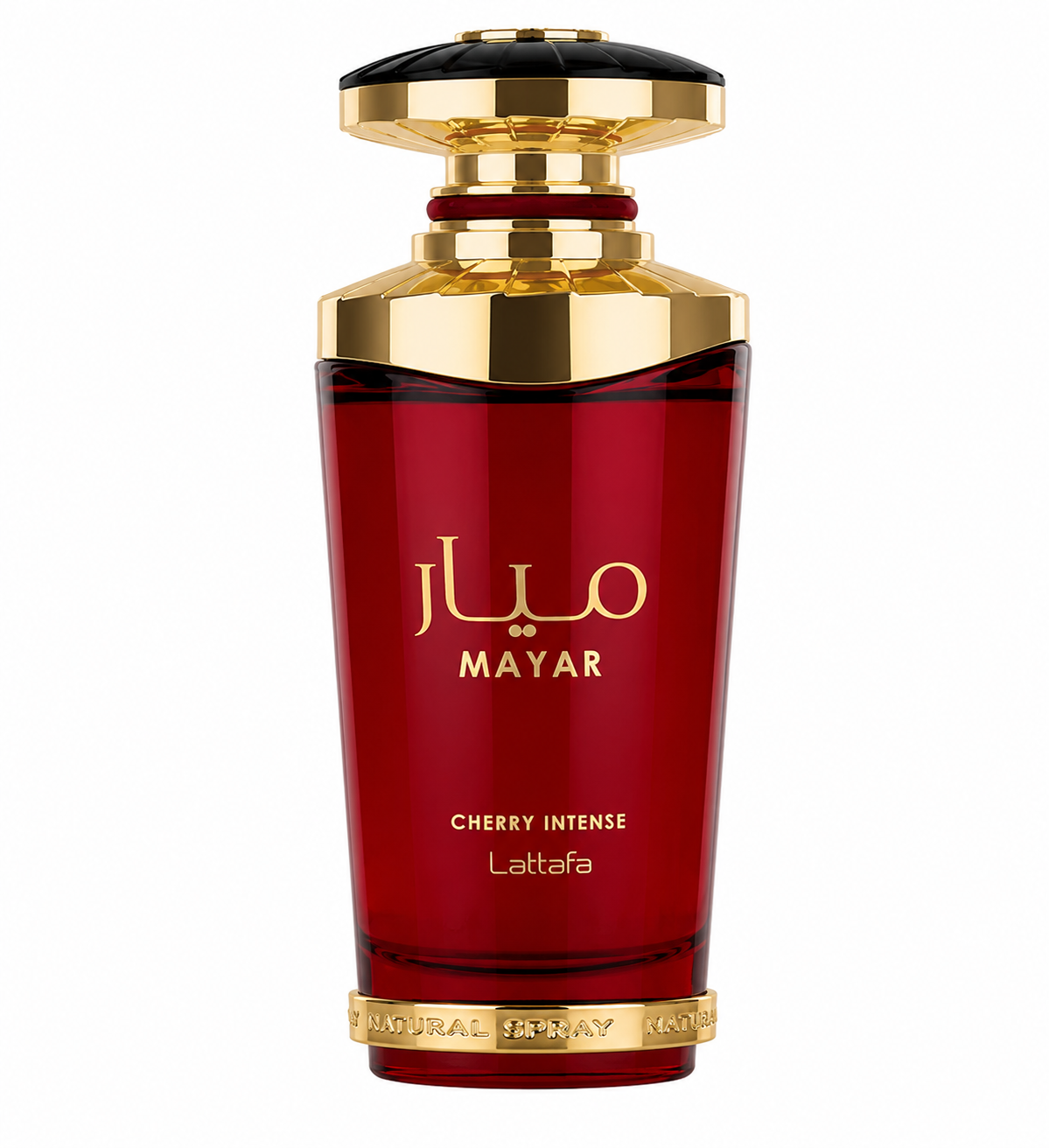 Lattafa Mayar Cherry Intense Eau de Parfum 100ml displayed on a pure white background, featuring a luxurious deep cherry red bottle with brilliant gold accents and an elegant faceted cap, highlighting its sophisticated design and premium gourmand fragrance presentation.