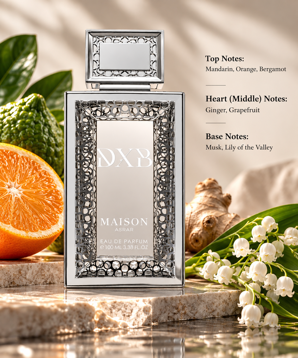 Maison Asrar DXB 100ml Eau de Parfum displayed in an elegant, sunlit setting with fresh orange, bergamot, ginger and delicate lily of the valley flowers. A refreshing citrus floral fragrance combining mandarin, grapefruit and warm musk, presented on luxurious beige marble.