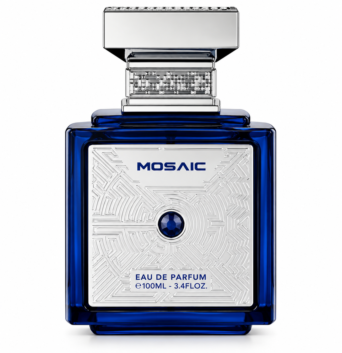 Gulf Orchid Mosaic 100ml Eau de Parfum featuring a luxurious deep blue rectangular glass bottle with an intricate silver geometric mosaic label, central sapphire-blue gemstone detail and polished silver cap. Elegant perfume bottle photographed against a pure white background.