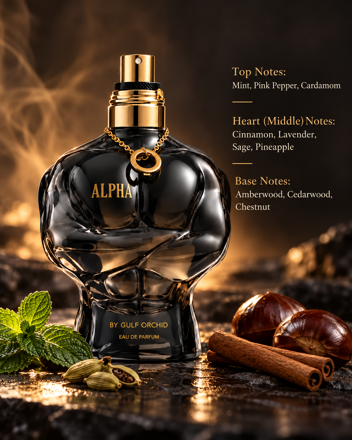 Gulf Orchid Alpha Eau de Parfum displayed in a luxurious, warm amber setting with fresh mint, cardamom, cinnamon sticks and chestnuts. A bold masculine fragrance combining pink pepper, lavender, sage, pineapple, amberwood and cedarwood for a spicy, woody scent.