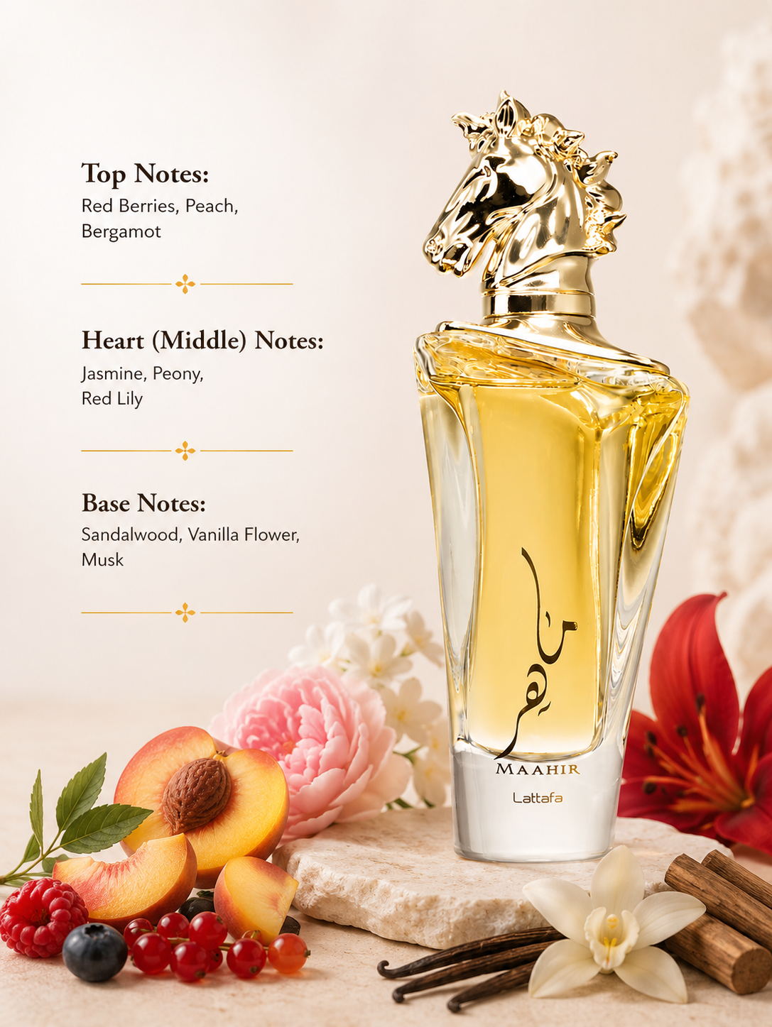Lattafa Maahir Eau de Parfum showcased in an elegant luxury fragrance composition featuring red berries, peach, bergamot, jasmine, peony, red lily, sandalwood, vanilla flower, and musk-inspired elements. The distinctive clear glass bottle with a gold horse-head cap is presented in a refined setting that highlights its fruity, floral, creamy, and woody character.