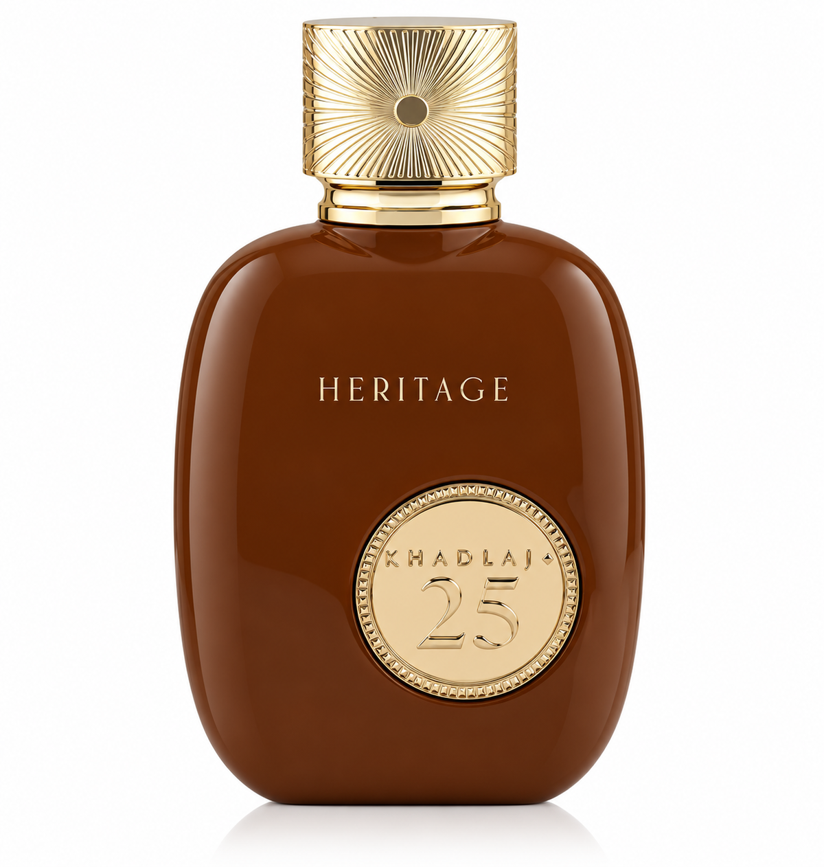 Khadlaj 25 Heritage presented in a rich amber-brown bottle with an ornate gold cap and medallion detailing, creating a warm, luxurious and sophisticated presentation.