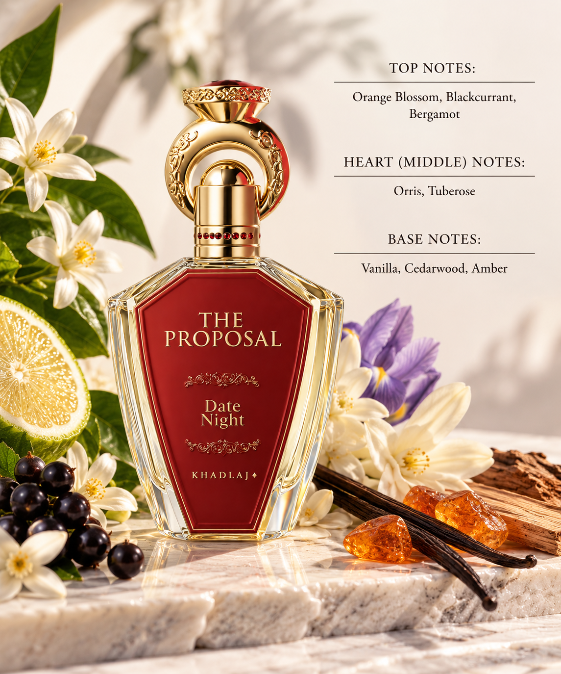 Khadlaj The Proposal Date Night styled in a romantic, luxurious setting with orange blossom, blackcurrant and bergamot, enriched by orris and tuberose, while vanilla, cedarwood and amber create a warm, sensual finish.