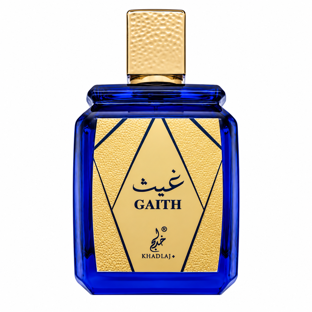 Khadlaj Gaith presented in a striking deep cobalt-blue glass bottle with a textured gold geometric label and matching gold cap, creating a bold, luxurious and sophisticated appearance.