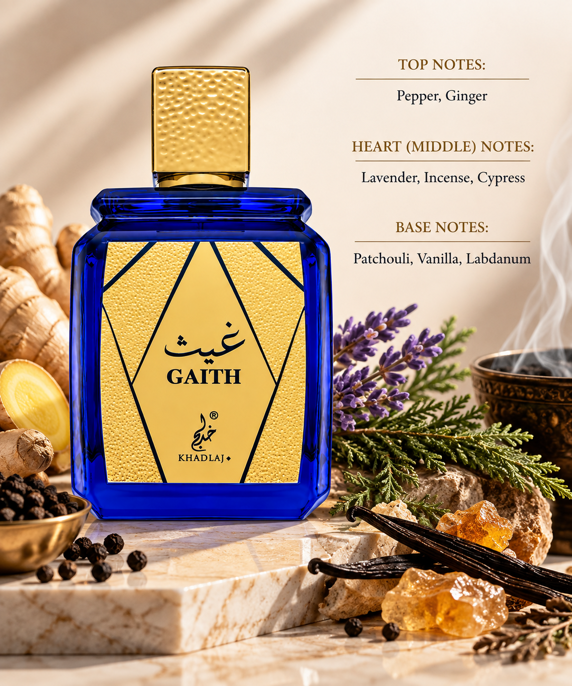 Khadlaj Gaith styled with ginger, black pepper, lavender, cypress, incense, vanilla and warm resinous accents, visually expressing its spicy aromatic opening and deep, warm woody-amber character.
