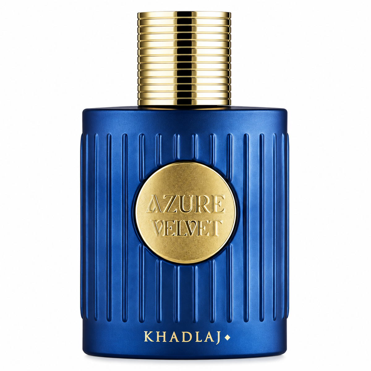 Khadlaj Azure Velvet presented in a striking deep azure-blue bottle with refined vertical detailing, a polished gold ribbed cap and central gold medallion, creating a bold, luxurious and sophisticated appearance.