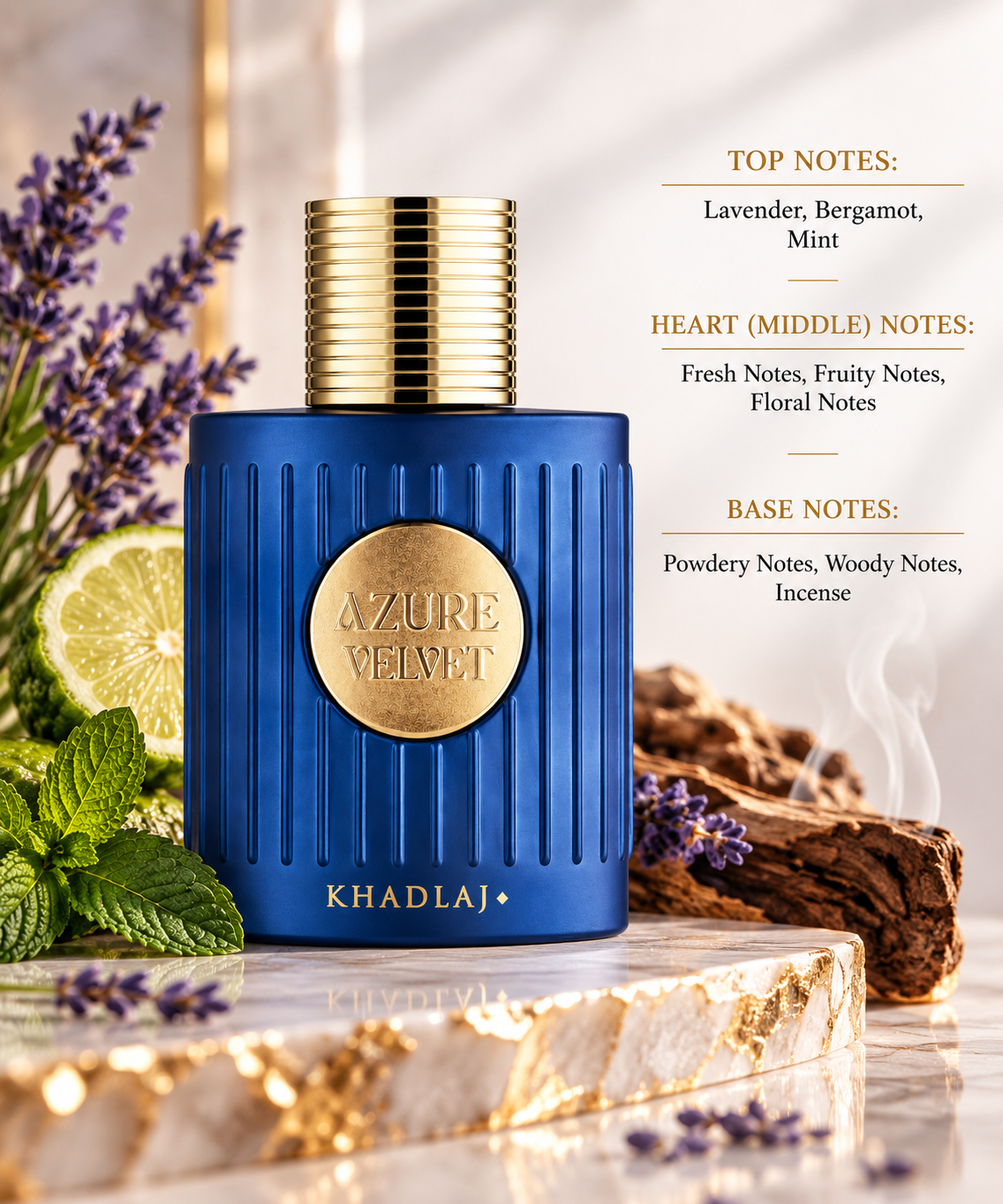 Khadlaj Azure Velvet styled in an elegant warm setting with lavender, bergamot, mint, fresh floral accords, woods and incense, visually expressing its aromatic freshness, powdery depth and refined woody character.