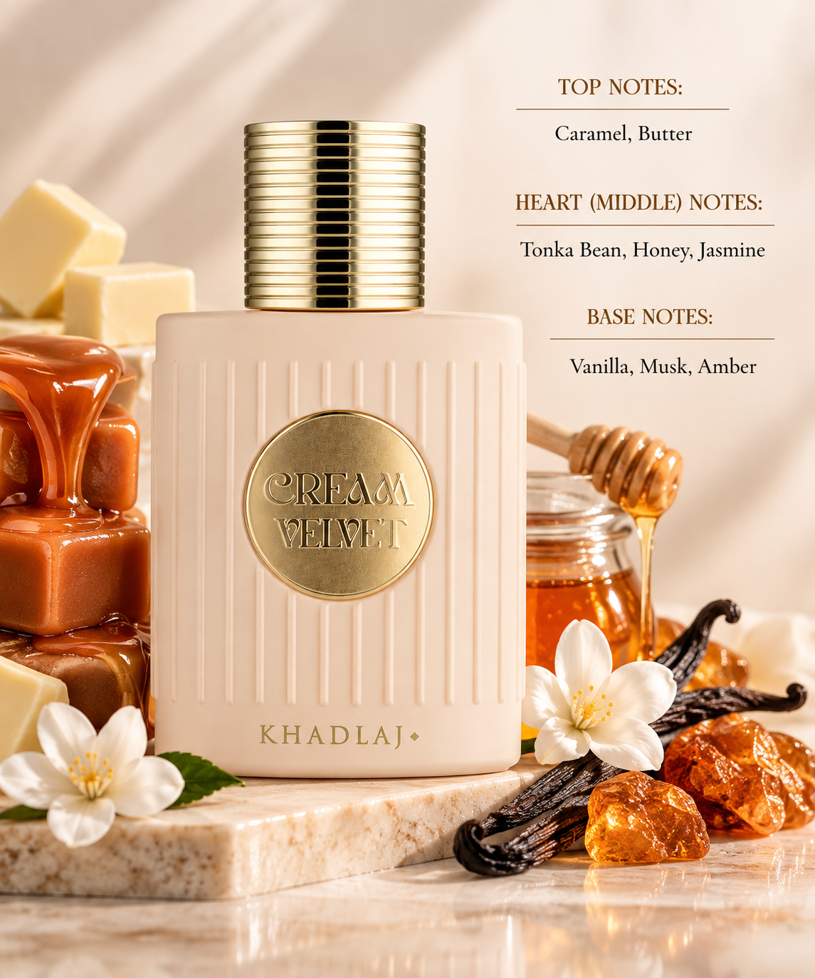 Khadlaj Cream Velvet styled with caramel, butter, golden honey, jasmine, vanilla and amber-inspired accents, visually capturing its rich buttery opening and smooth, sweet, creamy gourmand character.