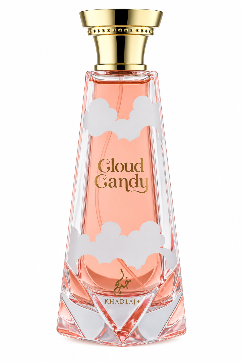 Khadlaj Cloud Candy presented in a tall, faceted glass bottle with soft pink fragrance, white cloud detailing and an elegant polished gold cap, creating a playful yet refined gourmand aesthetic.