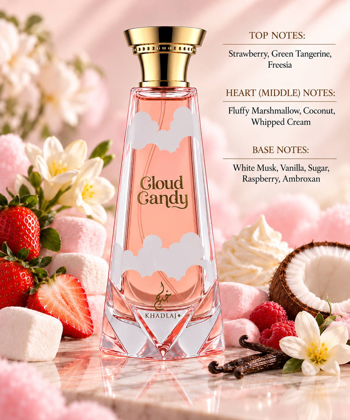 Khadlaj Cloud Candy surrounded by strawberries, fluffy marshmallows, coconut, whipped cream, raspberries, vanilla and delicate florals, visually capturing its fruity opening and creamy, sweet gourmand character.