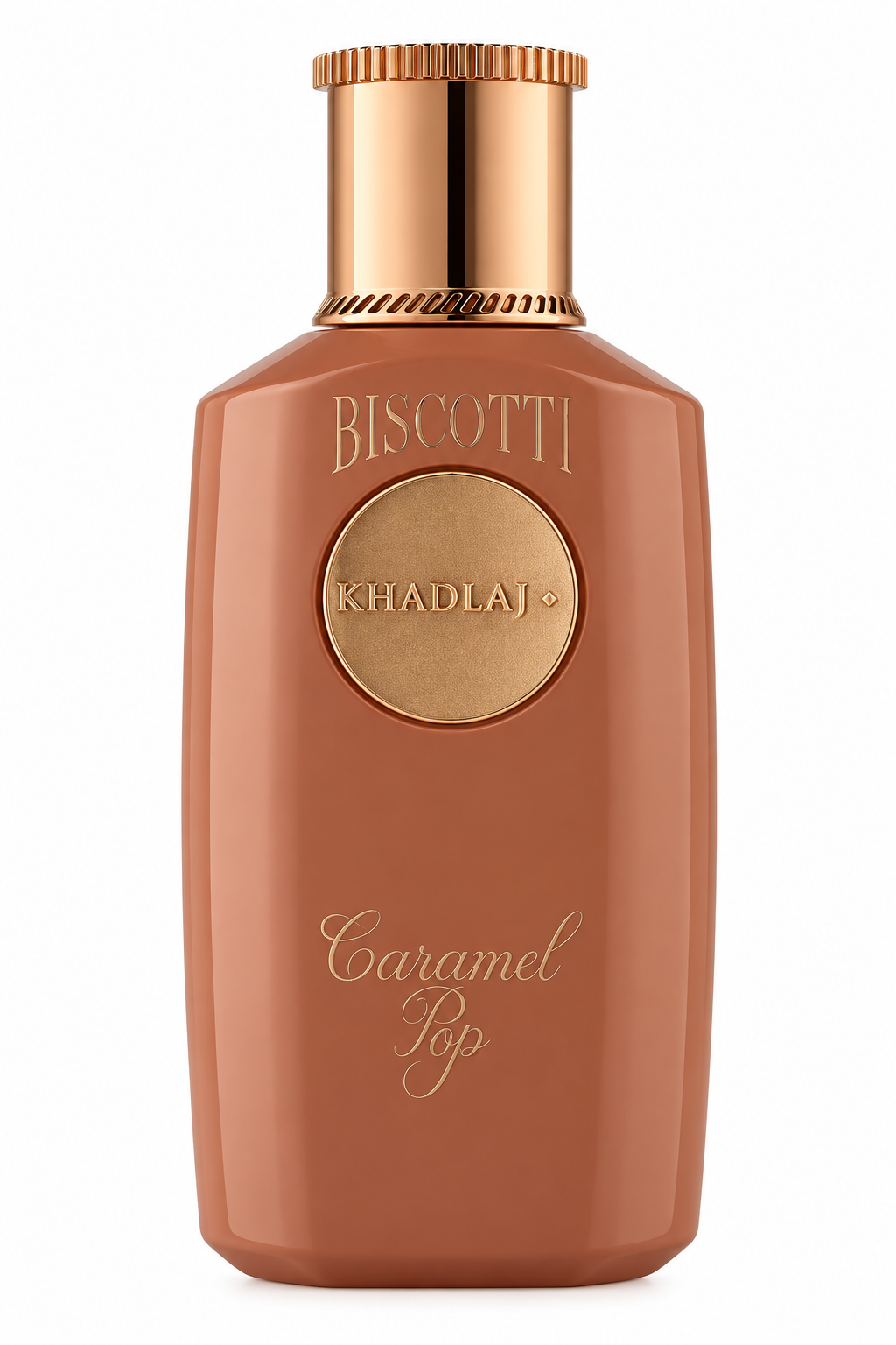 Khadlaj Biscotti Caramel Pop presented in a warm caramel-brown bottle with an elegant metallic gold cap and central Khadlaj medallion, creating a rich, indulgent and luxurious gourmand aesthetic.