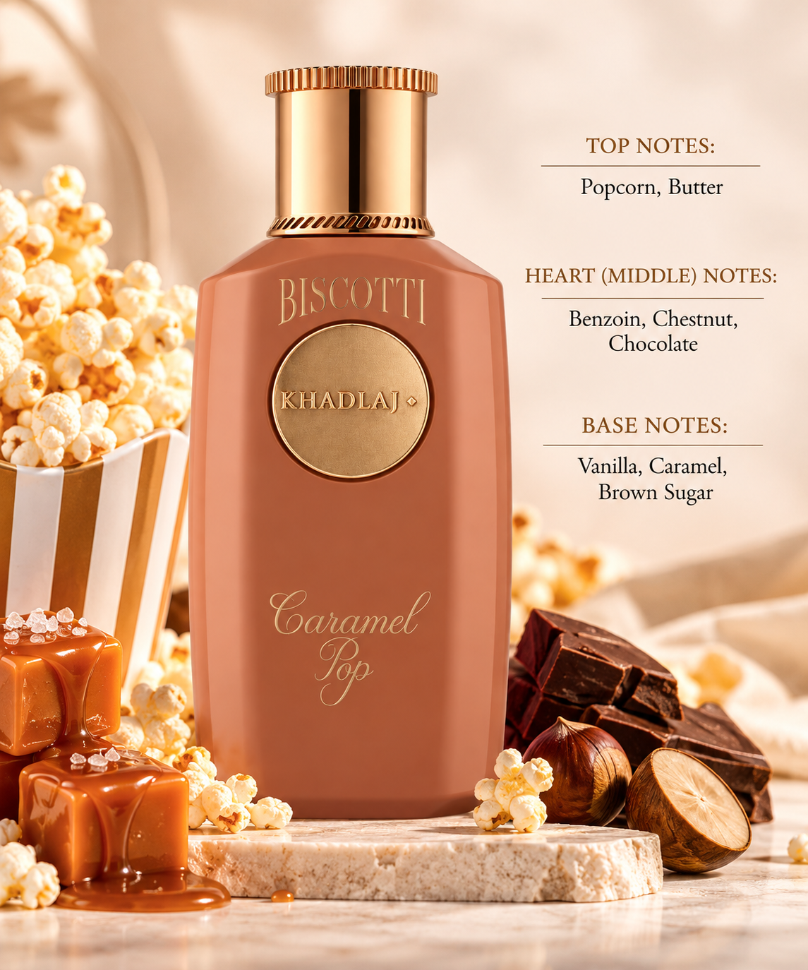 Khadlaj Biscotti Caramel Pop styled in a warm gourmand setting with buttery popcorn, caramel, chocolate, chestnut and brown sugar elements, perfectly reflecting its sweet, creamy, decadent and comforting character.