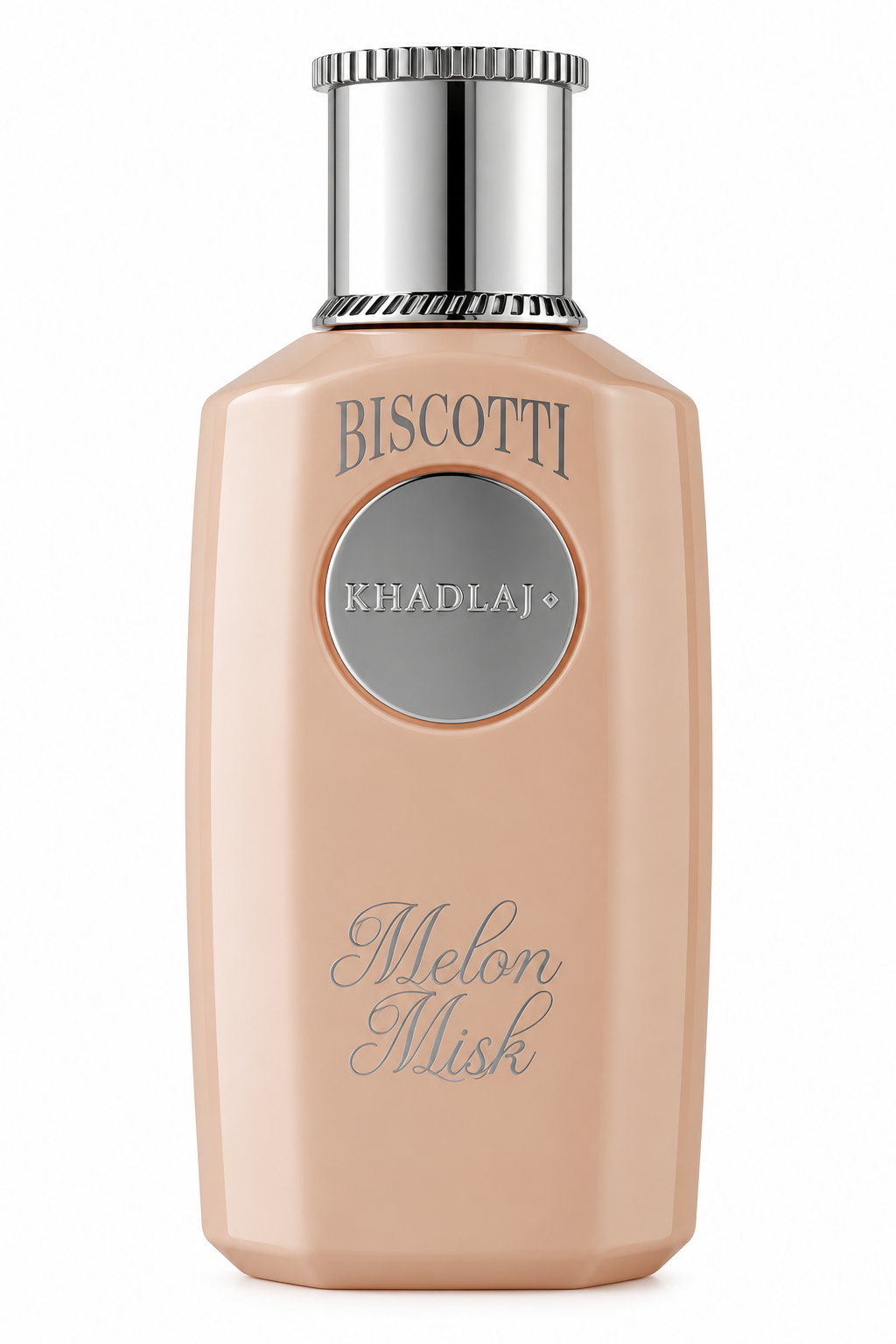 Khadlaj Biscotti Melon Misk presented in a soft peach-toned bottle with polished silver detailing and a central Khadlaj medallion, creating a clean, delicate and elegant appearance.