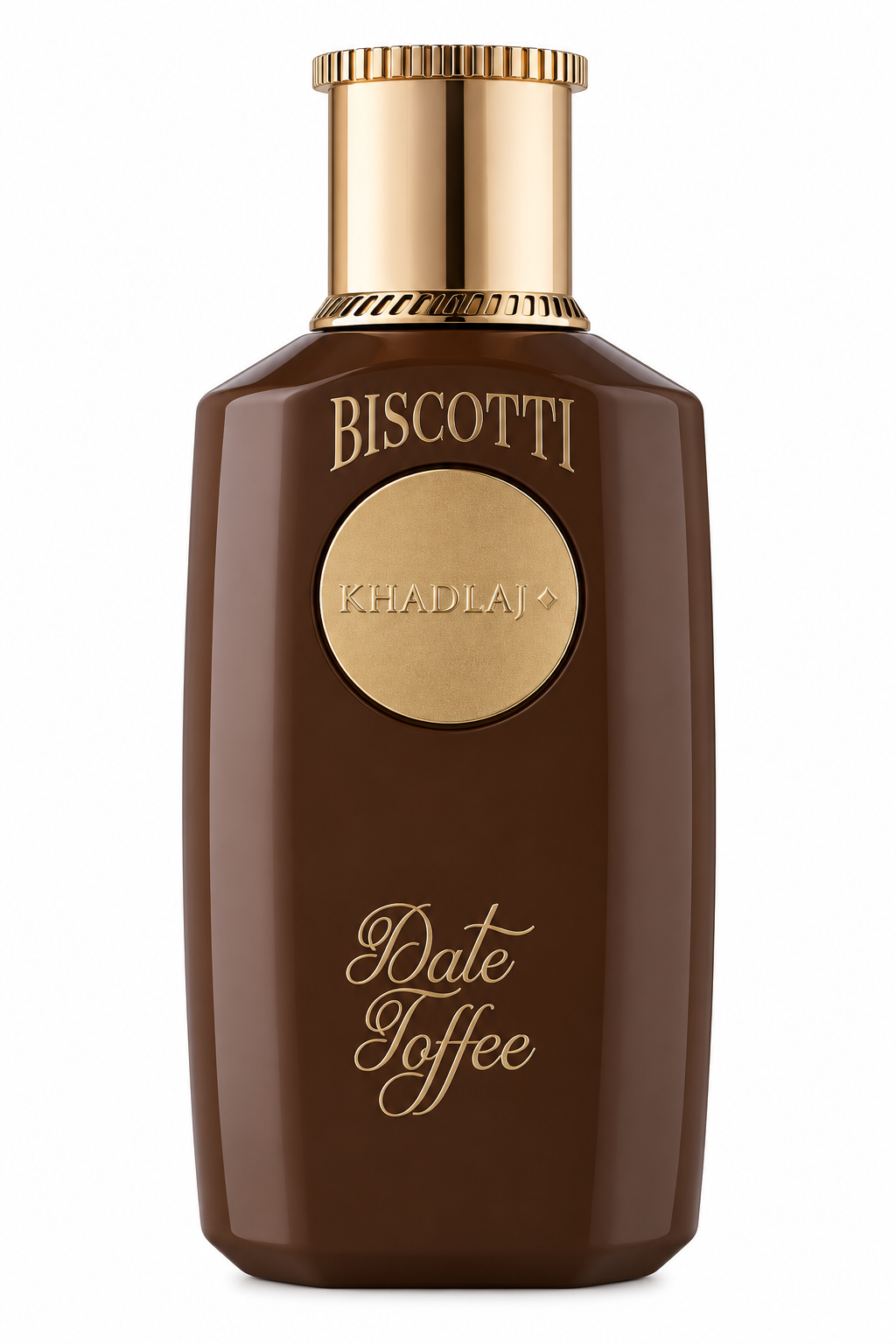 Khadlaj Biscotti Date Toffee presented in a rich chocolate-brown bottle with an elegant polished gold cap and central Khadlaj medallion, creating a warm, sophisticated and indulgent gourmand appearance.