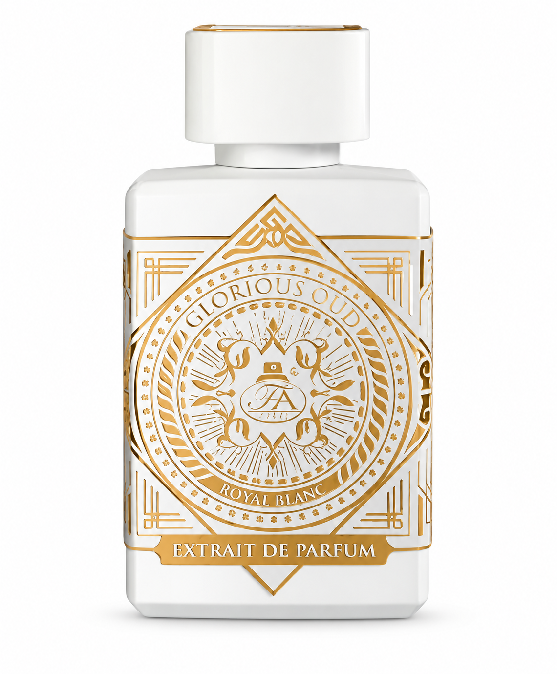 Glorious Oud Royal Blanc Extrait de Parfum in an elegant white rectangular bottle with intricate gold detailing, decorative emblem and matching white cap on a clean white background.