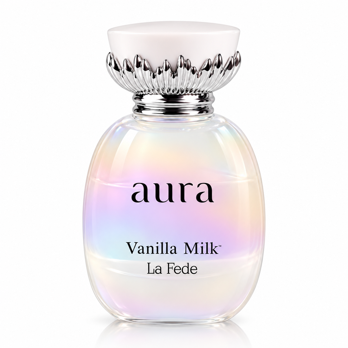 Khadlaj Aura Vanilla Milk presented in an elegant iridescent glass bottle with soft pastel reflections, a sculptural silver collar and creamy white cap, creating a delicate and luxurious appearance.