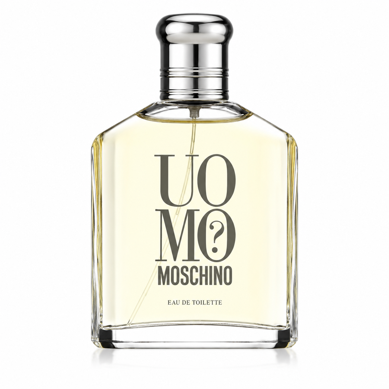 Moschino Uomo? Eau de Toilette bottle isolated on a white background, featuring a clear rectangular glass bottle filled with pale golden fragrance, a polished silver cap, and the distinctive black "UOMO?" logo on the front.