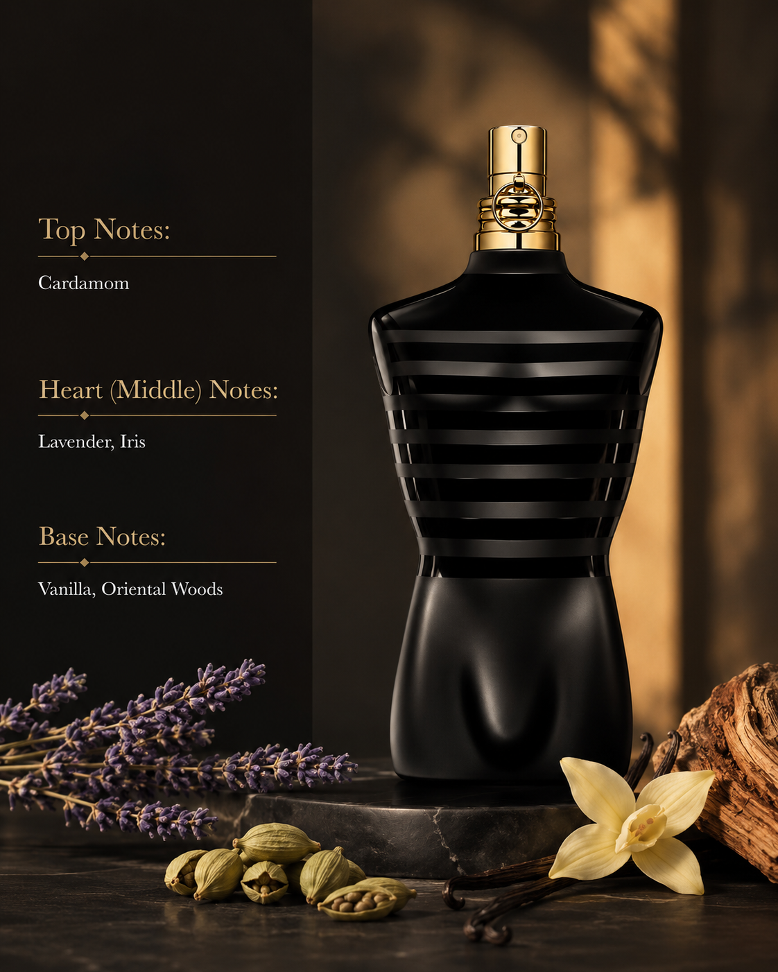 Jean Paul Gaultier Le Male Le Parfum Eau de Parfum Intense with fragrance notes of cardamom, lavender, iris, vanilla and oriental woods.