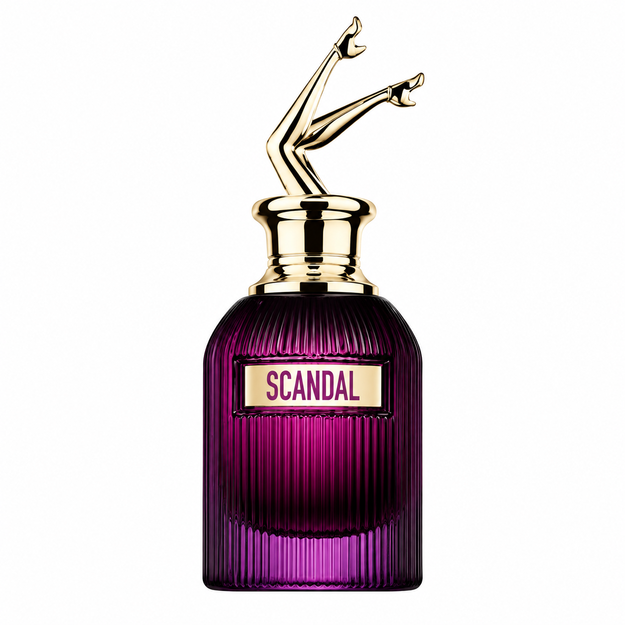 Jean Paul Gaultier Scandal Intense For Her EDP women's perfume in deep purple ribbed glass bottle with iconic gold legs cap on white background.