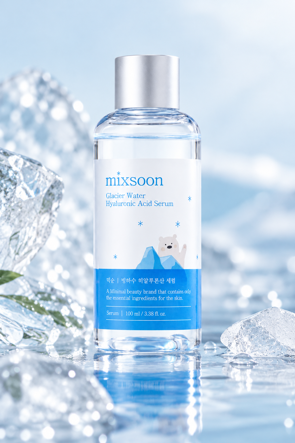 Mixsoon Glacier Water Hyaluronic Acid Serum 100ml displayed in an elegant icy blue skincare setting with crystal-clear ice, water droplets and soft reflections. A refreshing Korean hyaluronic acid serum designed to hydrate, replenish moisture and leave skin looking smooth, radiant and revitalized.