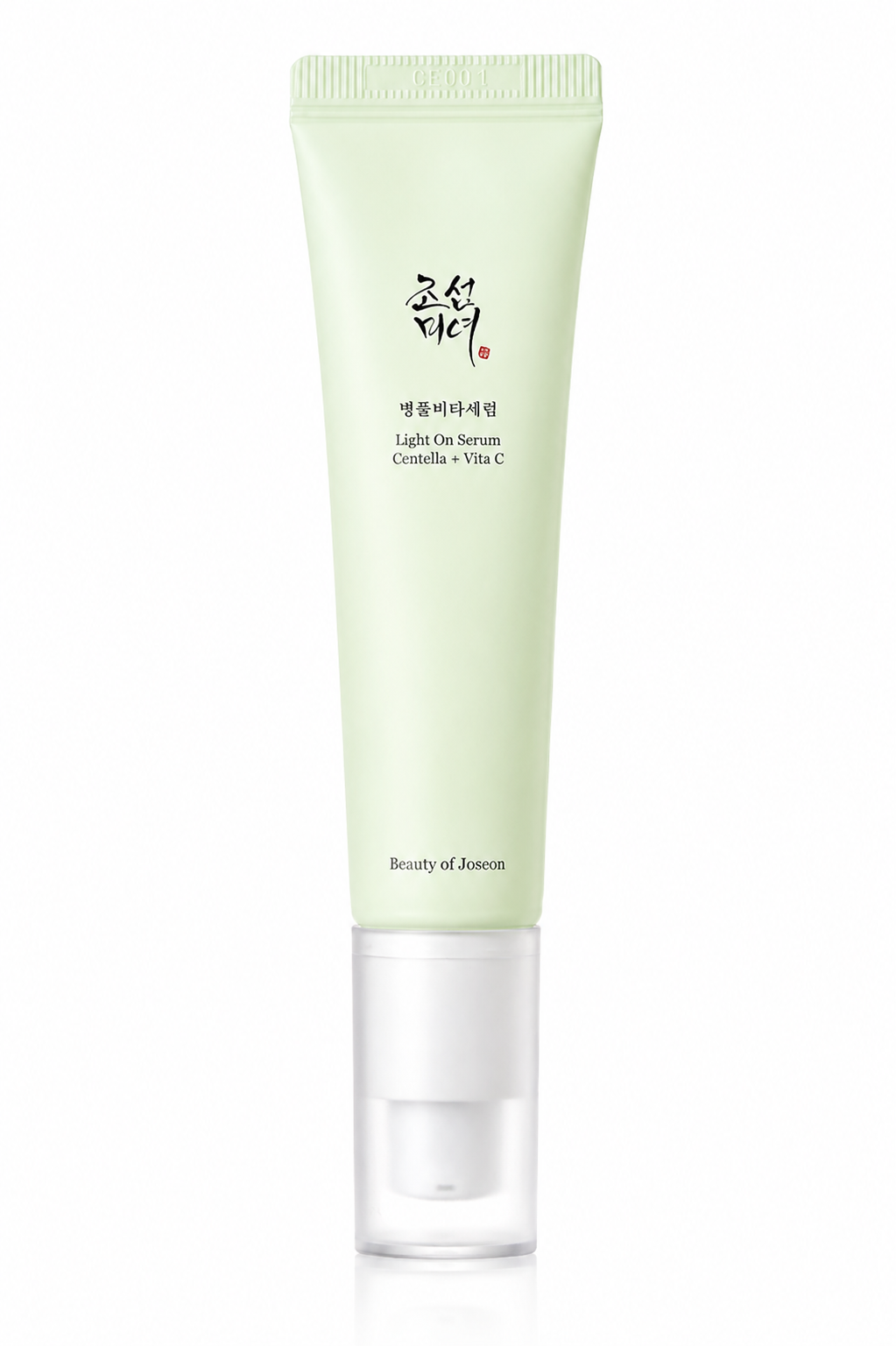 Beauty of Joseon Light On Serum: Centella + Vita C 30ml on a pure white background, featuring a brightening facial serum formulated with Centella Asiatica extract and a stable Vitamin C derivative to visibly reduce dark spots, even skin tone, soothe sensitive skin, provide antioxidant protection and promote a radiant, healthy-looking complexion.