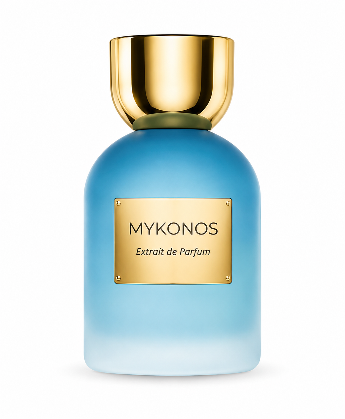 Mykonos Inception Extrait de Parfum in a frosted blue glass bottle with a luxurious gold cap and gold label, isolated on a clean white background.